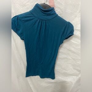 VINTAGE 90s H&M Teal Mock Neck Top – Puffed Cap Sleeve – XS
